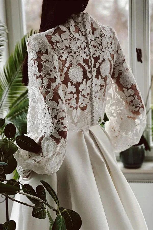 Elegant A-line High Neck Satin Lace Long Sleeves Wedding Dress with Pockets (ZD16712)