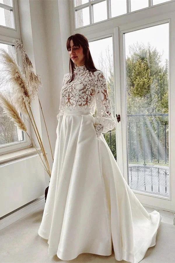 Elegant A-line High Neck Satin Lace Long Sleeves Wedding Dress with Pockets (ZD16712)