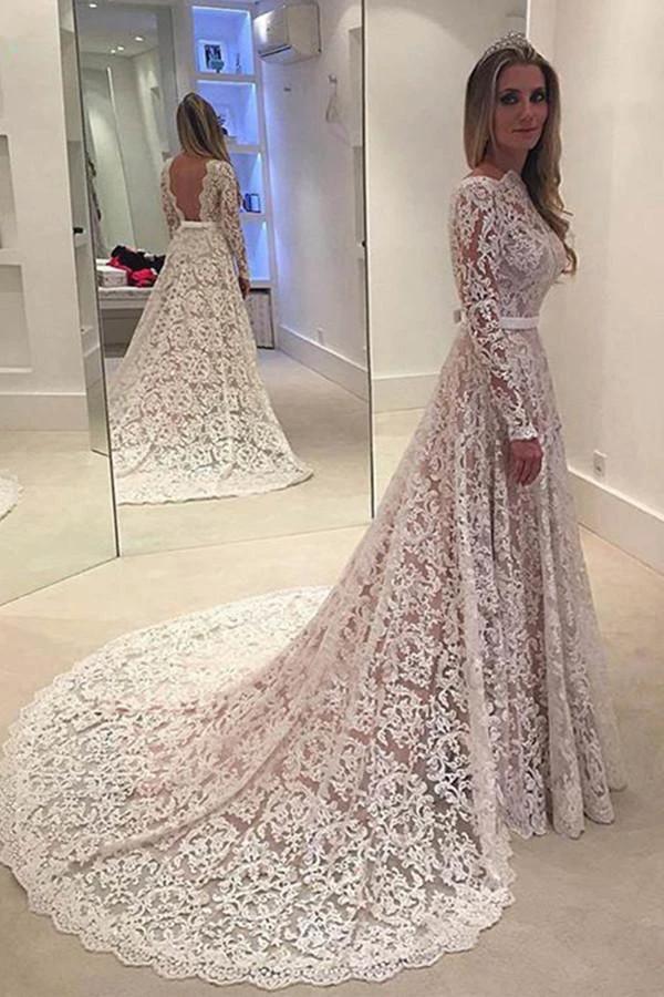 Elegant A-line Lace Backless Wedding Dress With Court Train (ZD16059)