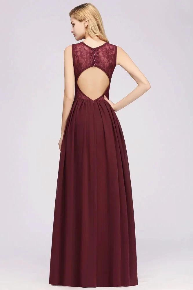 Elegant A-line Lace Sleeveless Bridesmaid Dresses Chiffon Jewel Ruffles Floor-Length Evening Dress with Appliques (ZD13093)