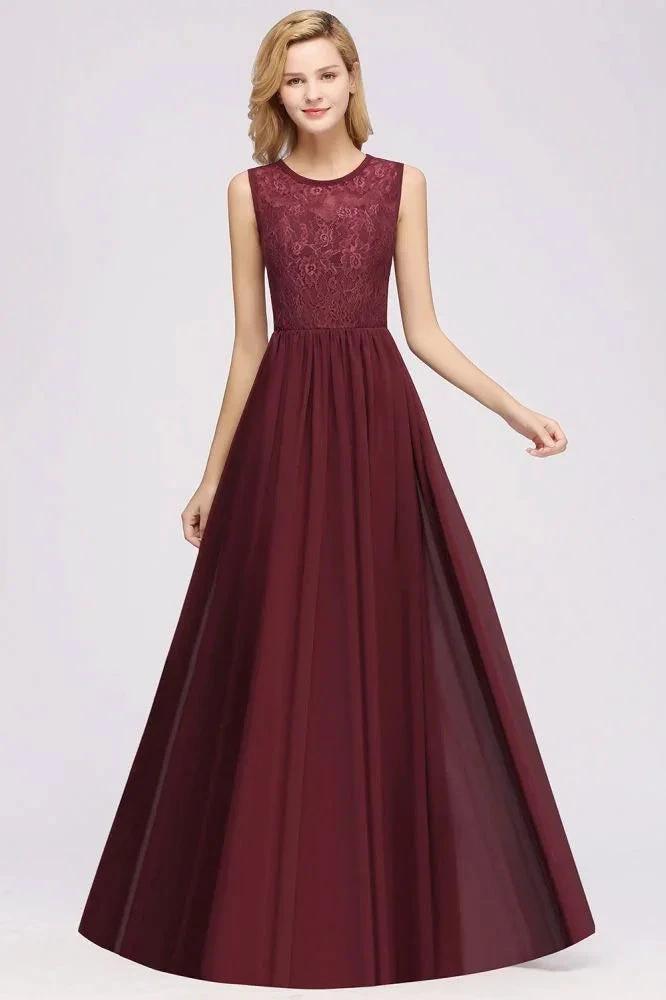 Elegant A-line Lace Sleeveless Bridesmaid Dresses Chiffon Jewel Ruffles Floor-Length Evening Dress with Appliques (ZD13093)