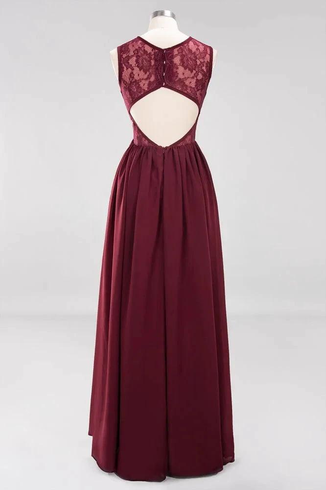 Elegant A-line Lace Sleeveless Bridesmaid Dresses Chiffon Jewel Ruffles Floor-Length Evening Dress with Appliques (ZD13093)