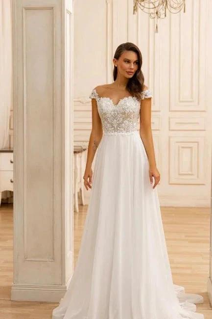 Elegant A-Line Lace Sweetheart Sleeveless White Wedding Dresses With Appliques Ruffles (ZD16669)