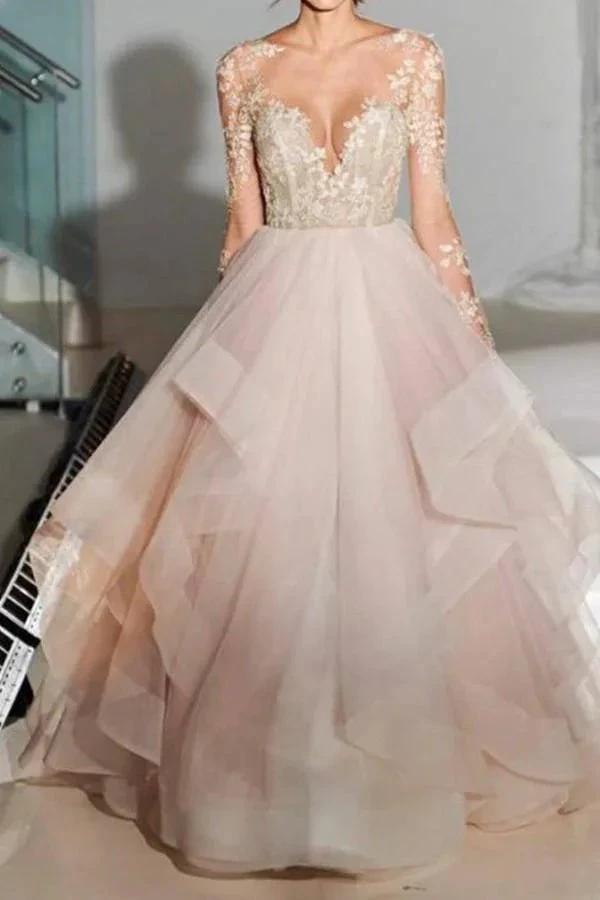 Elegant A-Line Long Sleeves Tulle Wedding Dresses With Appliques (ZD16289)