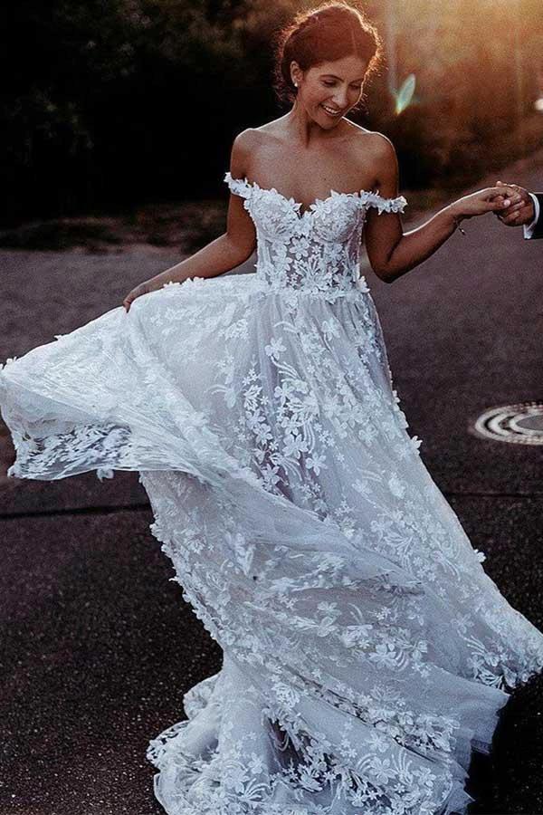 Elegant A-Line Off Shoulder White Tulle Wedding Dress with Appliques (ZD15380)