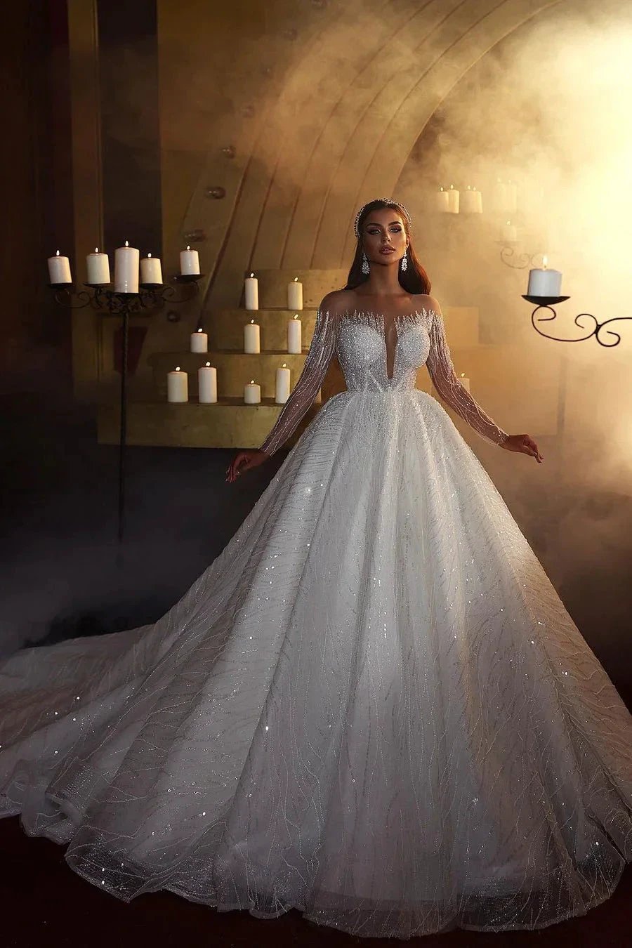 Elegant A-line Off-the-shoulder Long Sleeves V-neck Wedding Dress With Lace (ZD16554)