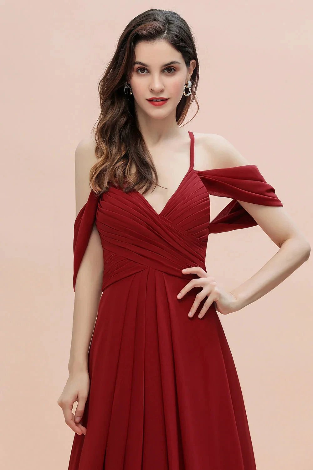 Elegant A-line Off-the-Shoulder V-neck Ruched Long Bridesmaid Dress (ZD12874)
