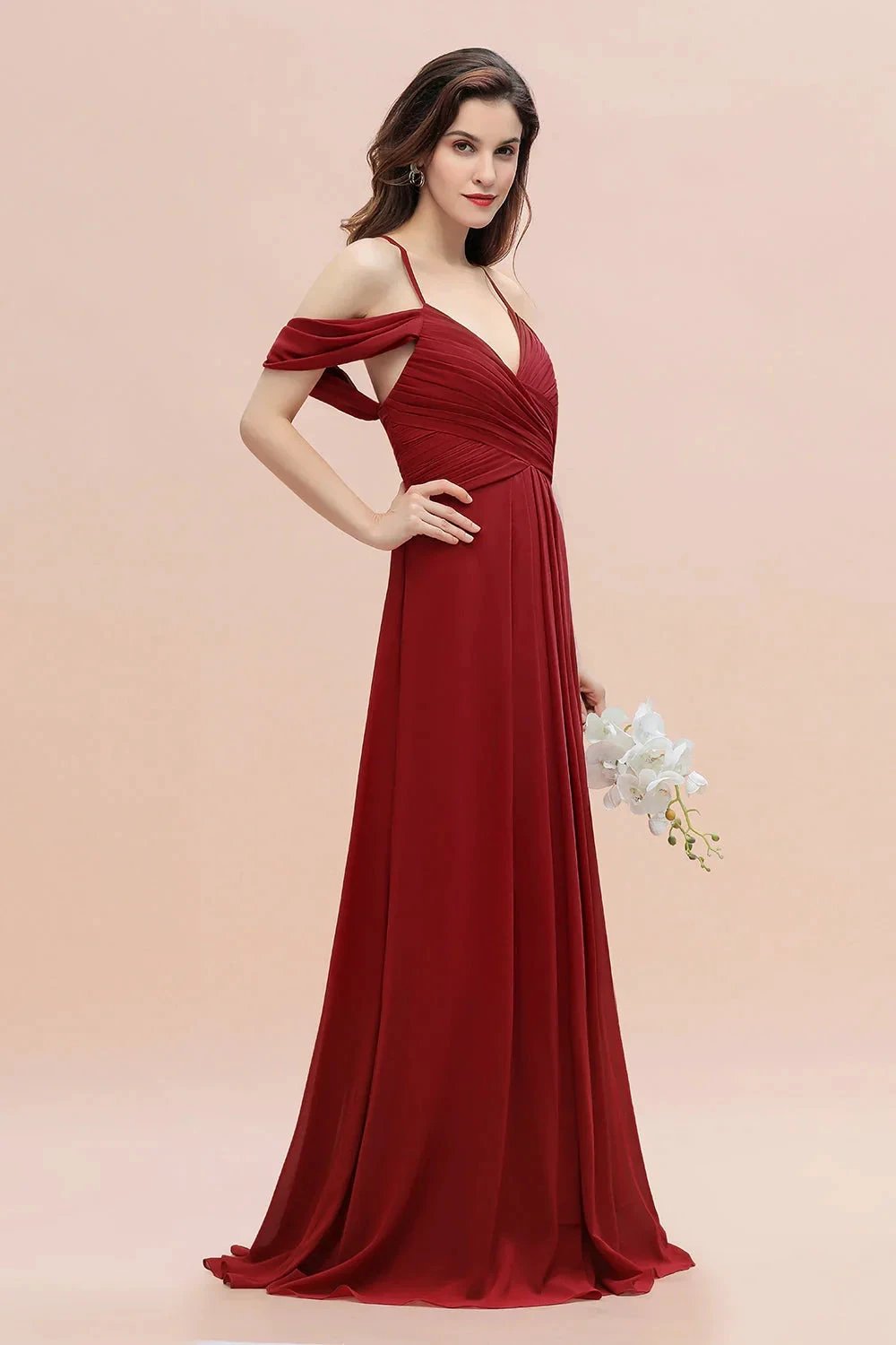 Elegant A-line Off-the-Shoulder V-neck Ruched Long Bridesmaid Dress (ZD12874)