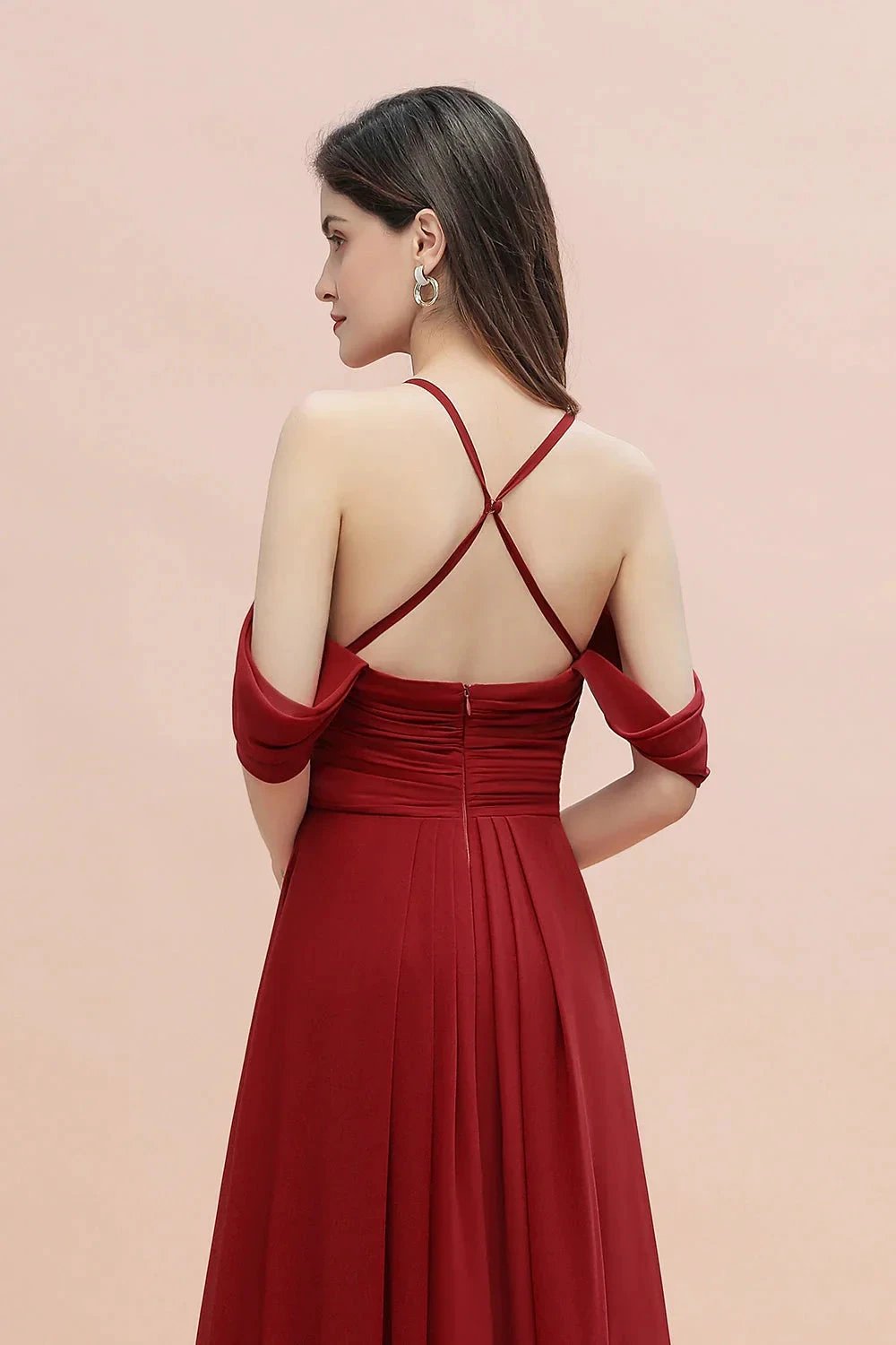 Elegant A-line Off-the-Shoulder V-neck Ruched Long Bridesmaid Dress (ZD12874)