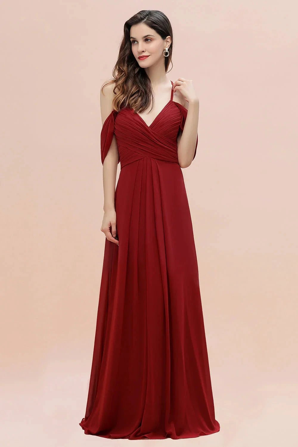 Elegant A-line Off-the-Shoulder V-neck Ruched Long Bridesmaid Dress (ZD12874)