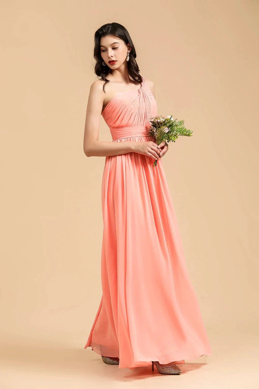 Elegant A-line One Shoulder Coral Chiffon Long Bridesmaid Dress (ZD12869)