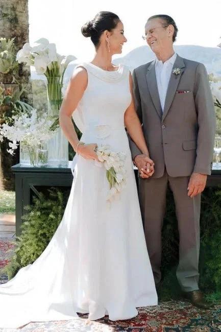 Elegant A-Line Satin Sleeveless White Wedding Dress With Train (ZD16637)