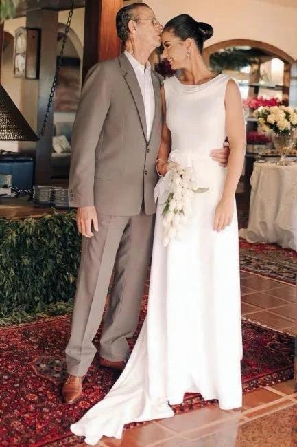 Elegant A-Line Satin Sleeveless White Wedding Dress With Train (ZD16637)