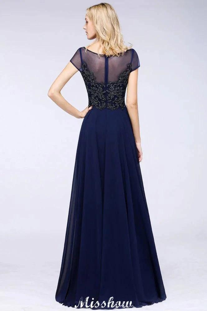 Elegant A-Line Short Sleeve Appliques Beads Bridesmaid Dresses Floor-Length Evening Dress (ZD12886)