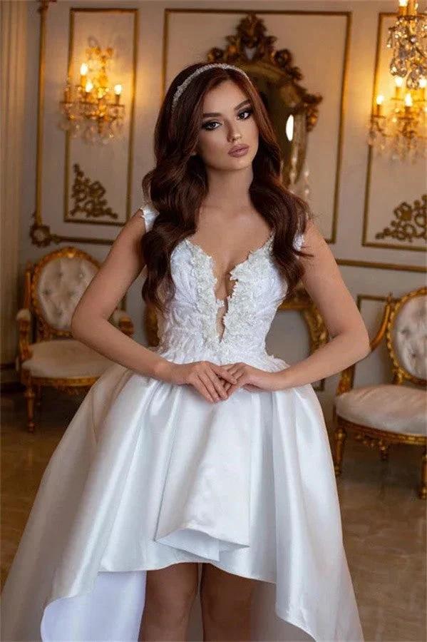Elegant A-line Short V-neck Sleeveless Wedding Dresses With Lace (ZD14958)