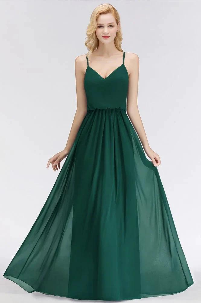 Elegant A-line Spaghetti Chiffon Bridesmaid Dresses V-neck Evening Maxi Gown by misshow.com