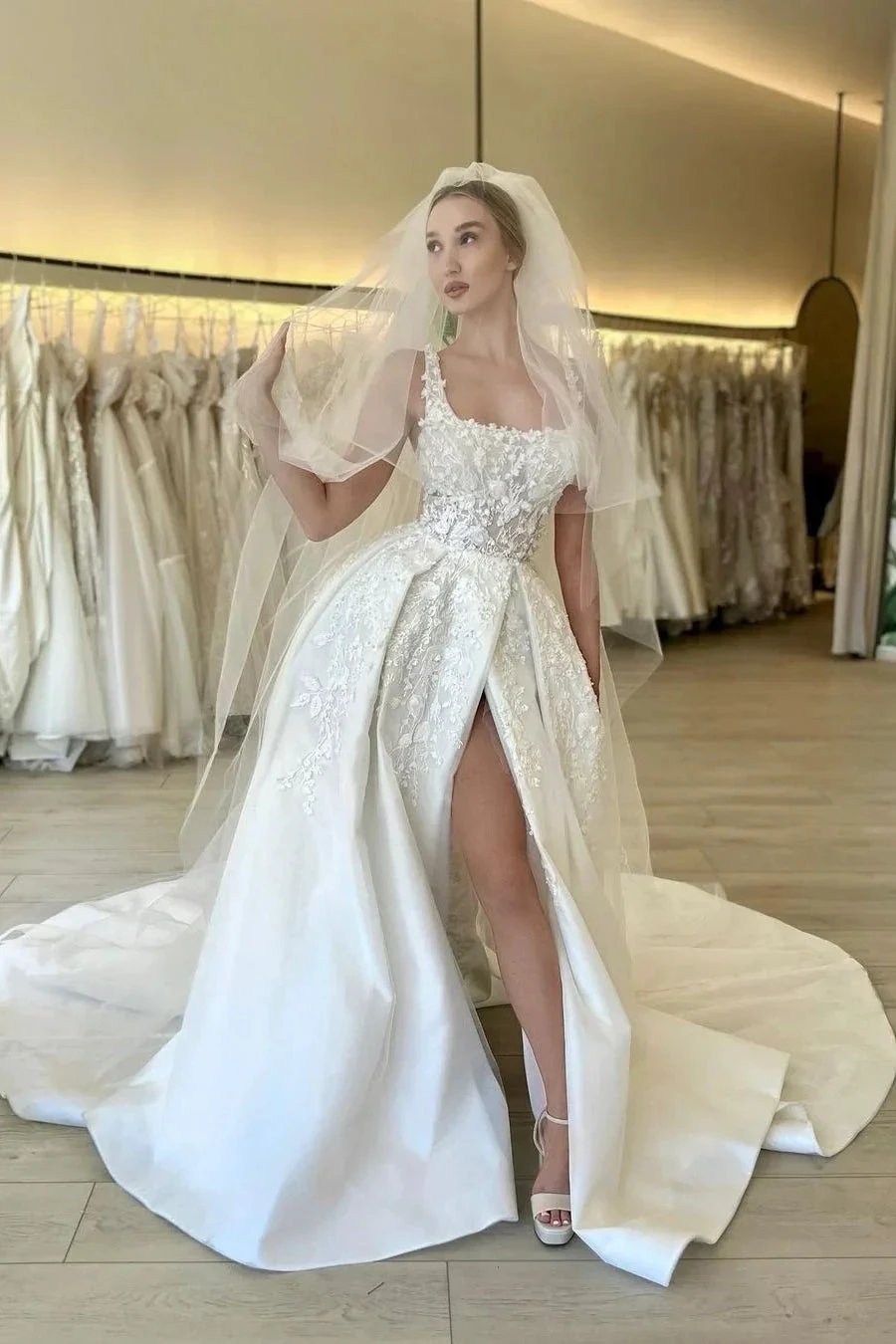 Elegant A-line Straps Flowers Sleeveless Lace Wedding Dress With Slit (ZD14548)