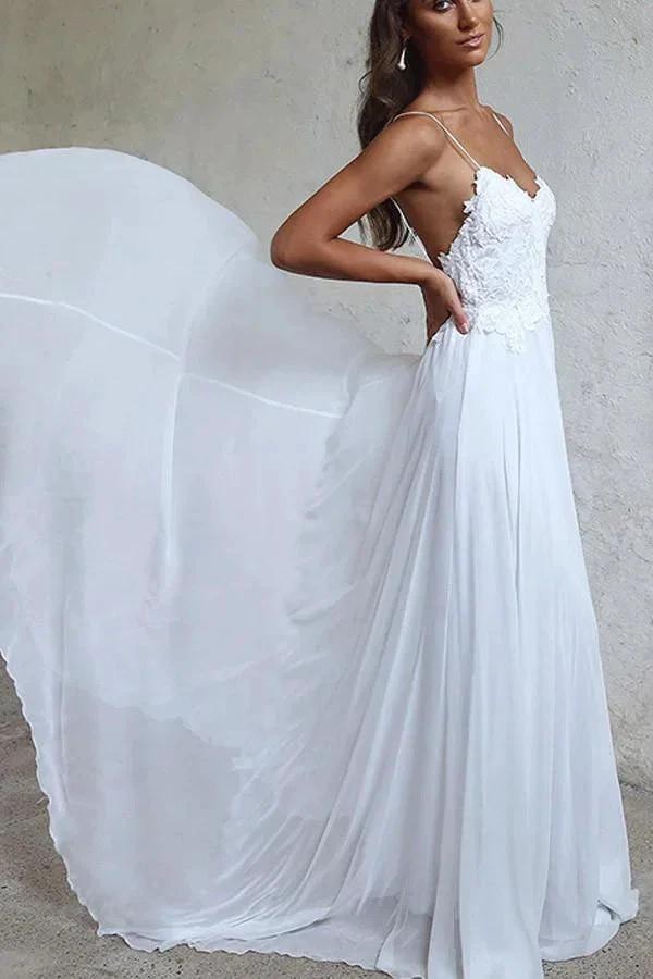 Elegant A-line Straps White Long Chiffon Beach Wedding Dress (ZD16316)