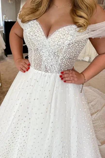 Elegant A-line White Off-the-Shoulder Pearls Sleeveless Wedding Dress (ZD14503)