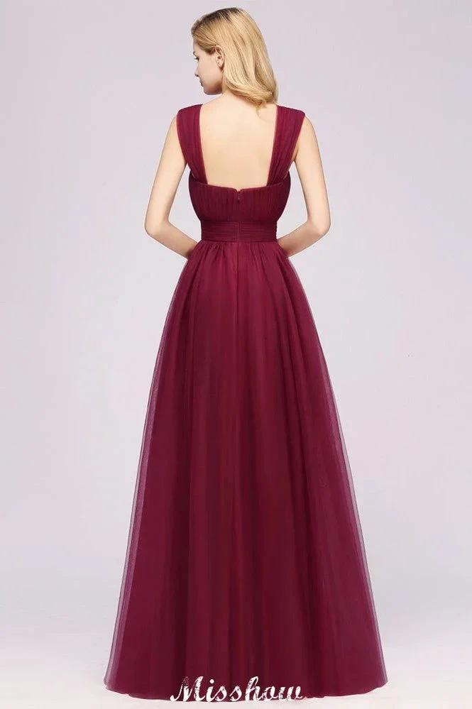 Elegant aline Sleeveless Tulle Evening Maxi Gown Burgundy Straps Bridesmaid Dress (ZD12913)