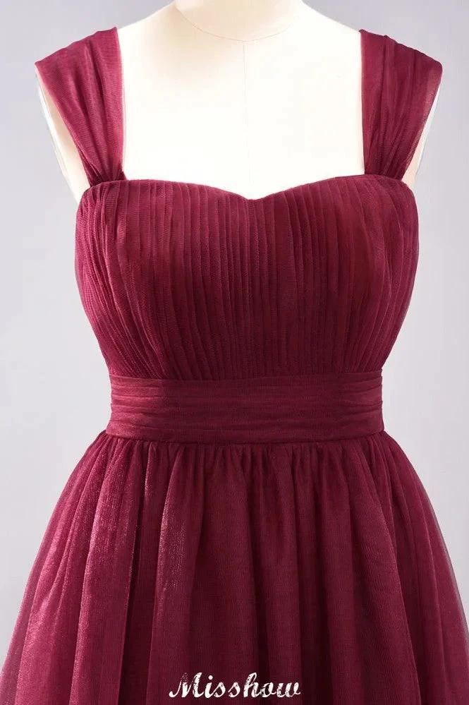 Elegant aline Sleeveless Tulle Evening Maxi Gown Burgundy Straps Bridesmaid Dress (ZD12913)