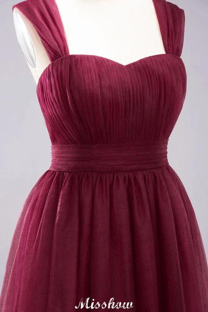 Elegant aline Sleeveless Tulle Evening Maxi Gown Burgundy Straps Bridesmaid Dress (ZD12913)