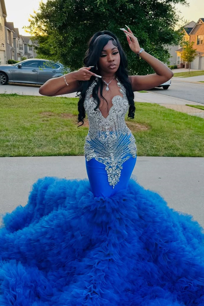 Elegant Blue Ruffles Mermaid Fit and Flare Silver Beaded Prom Dresses