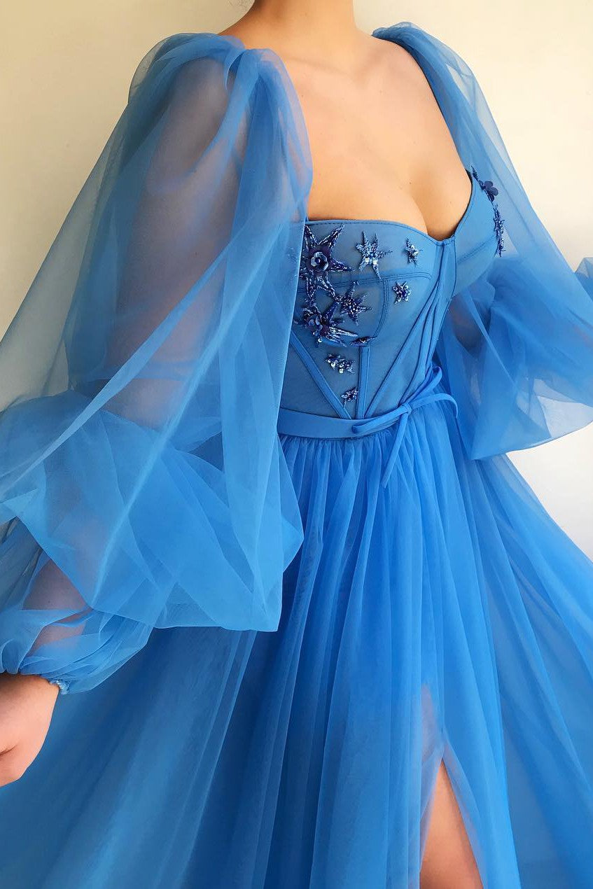 Elegant Blue Tulle Long Sleeves Prom Dress Sweetheart Long Beaded With Slit