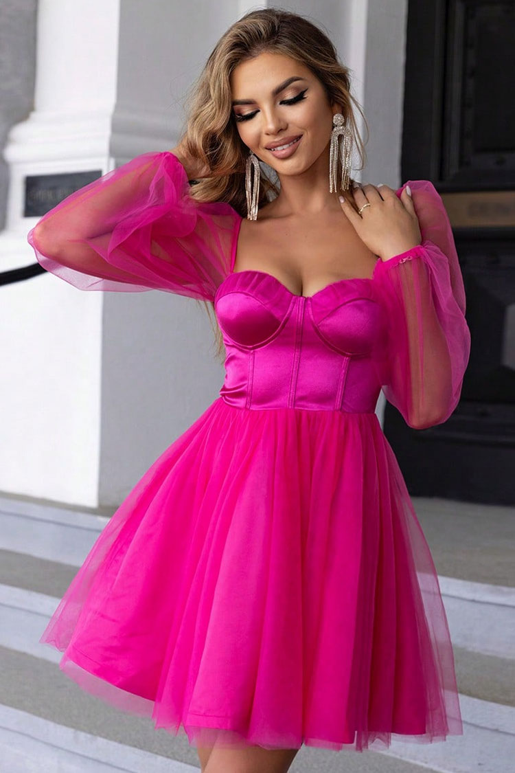Elegant Bustier Puff Sleeve Satin Panel Tulle Skater Party Mini Dress - Fashionpara