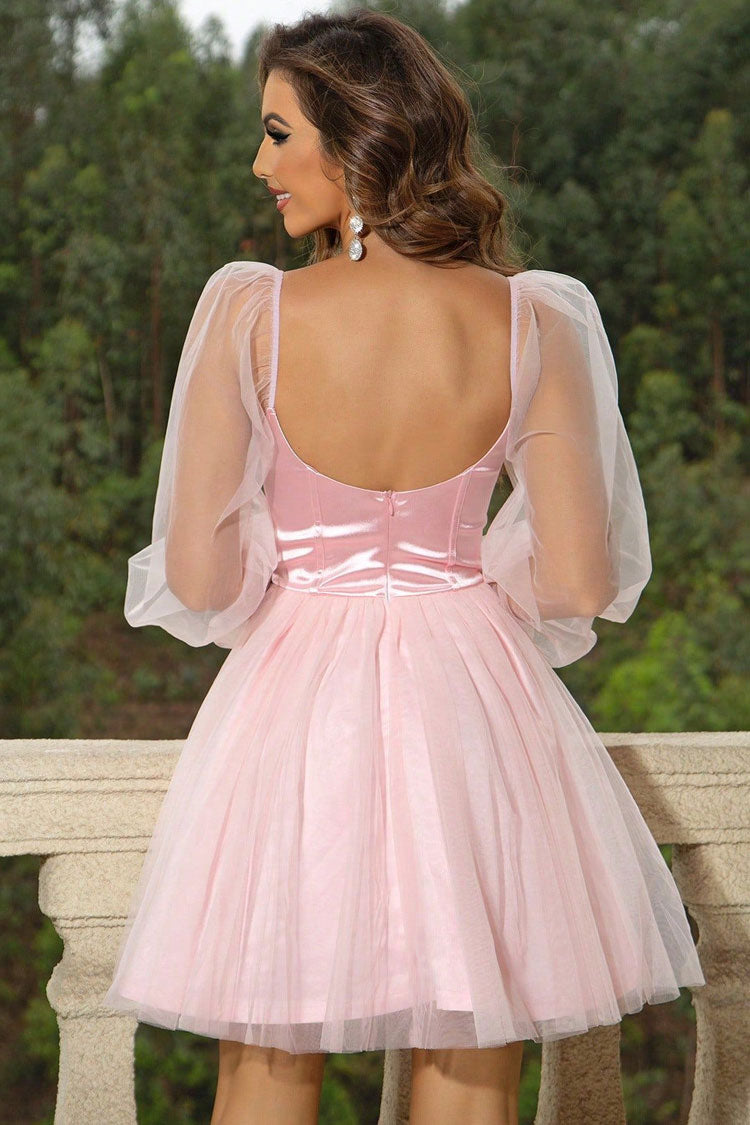 Elegant Bustier Puff Sleeve Satin Panel Tulle Skater Party Mini Dress - Fashionpara