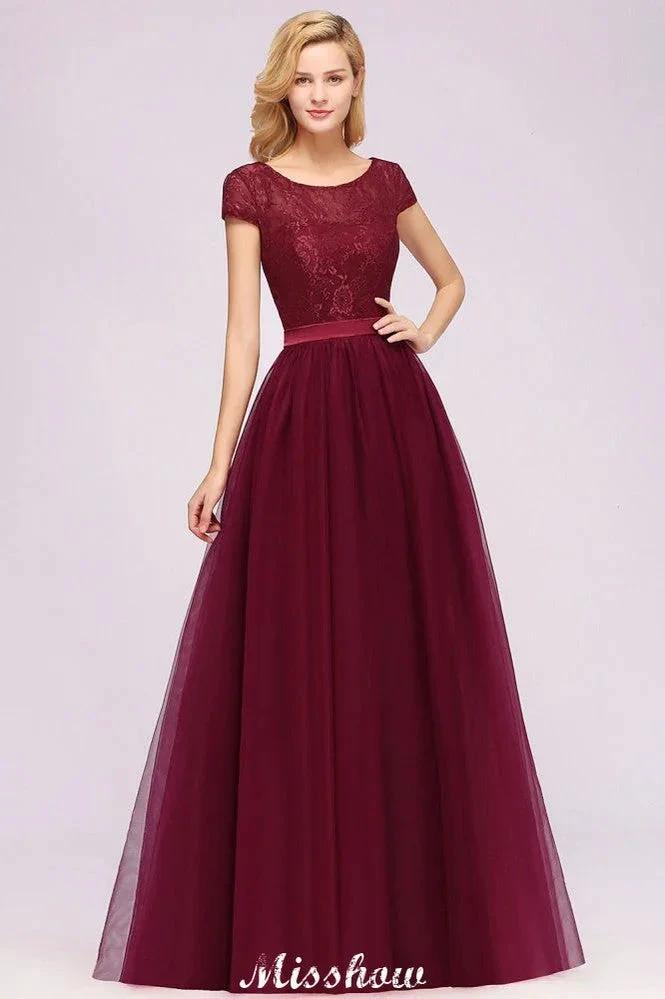 Elegant Cap Sleeves Floral aline Evening Swing Dress Appliques Tulle Bridesmaid Dress (ZD12880)