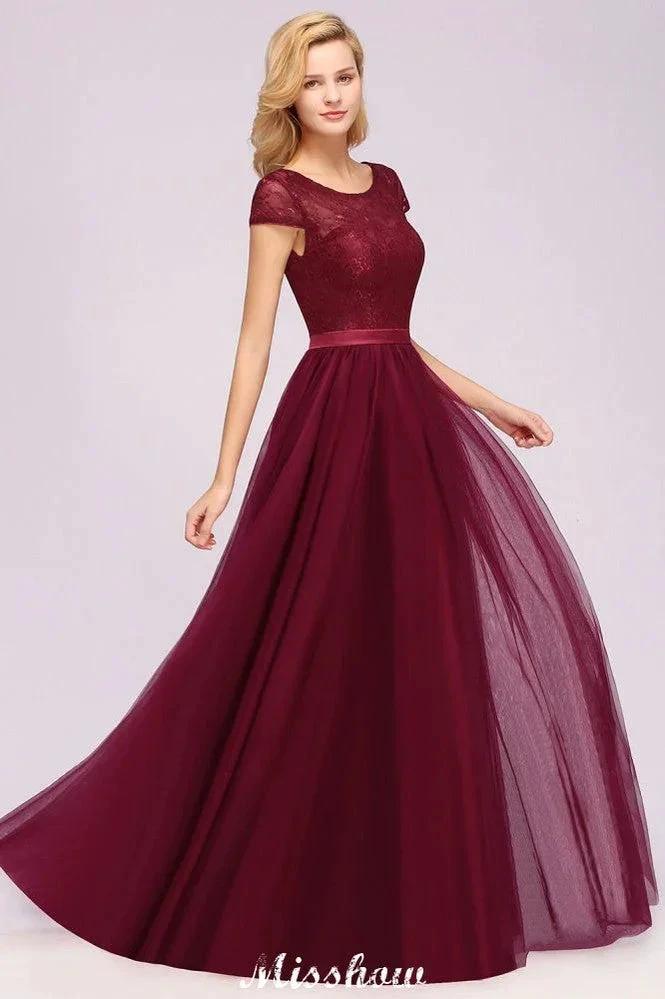Elegant Cap Sleeves Floral aline Evening Swing Dress Appliques Tulle Bridesmaid Dress by misshow.com