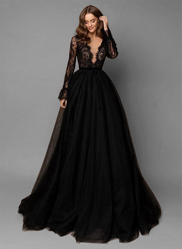 Elegant Chic A-line V-Neck Long Sleeves Lace Tulle Sweep Train Wedding Dresses Featuring Lace