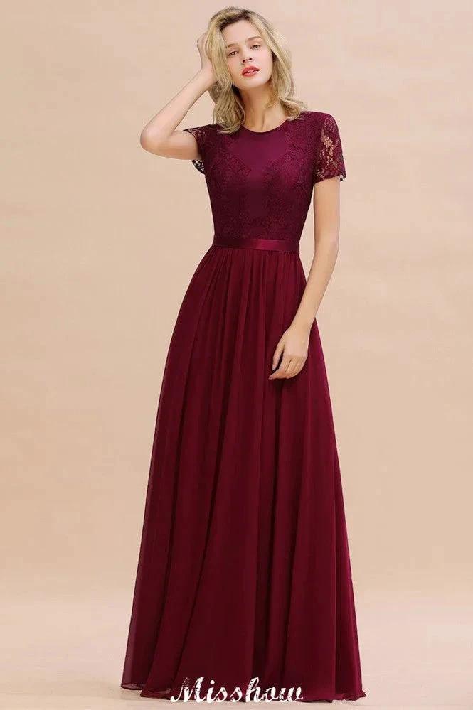 Elegant Chiffon Lace Jewel Short Sleeves Floor-Length A-Line Bridesmaid Dress (ZD12936)