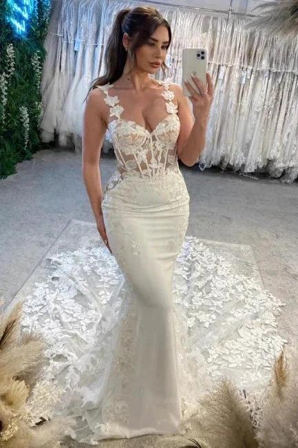 Elegant Column Lace Spaghetti Straps Sleeveless White Wedding Dress With Appliques Train (ZD15525)