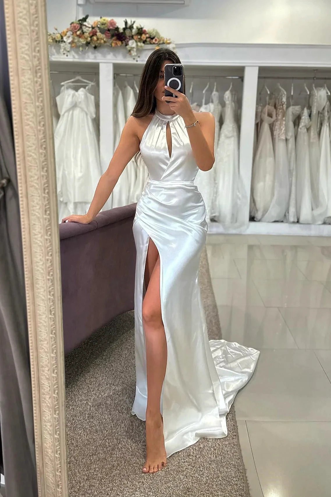Elegant Column Satin Halter Sleeveless White Wedding Dresses With Ruffles Split Front (ZD15533)