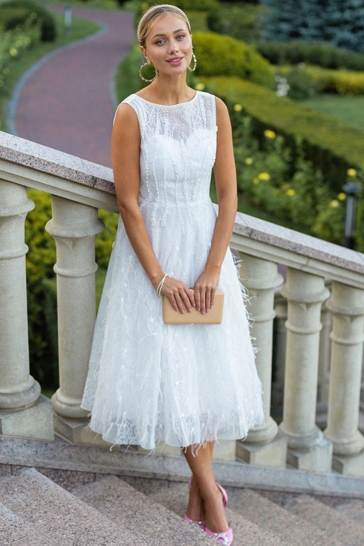 Elegant Crew Neck Sleeveless Beaded Feather Cocktail Party Midi Dress - White - Fashionpara