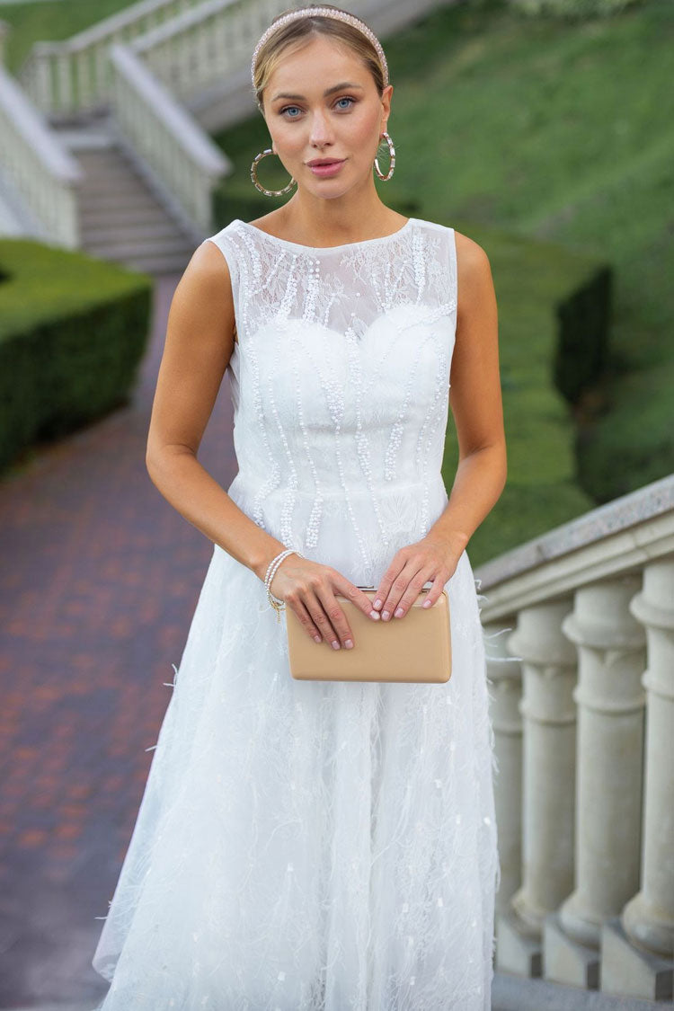 Elegant Crew Neck Sleeveless Beaded Feather Cocktail Party Midi Dress - White - Fashionpara