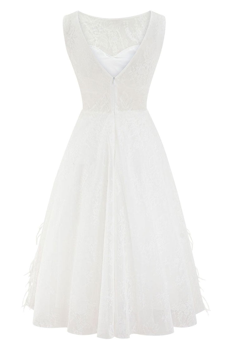 Elegant Crew Neck Sleeveless Beaded Feather Cocktail Party Midi Dress - White - Fashionpara