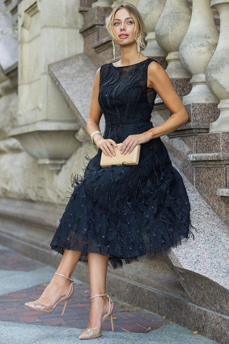 Elegant Crew Neck Sleeveless Beaded Feather Cocktail Party Midi Dress - Black - Fashionpara