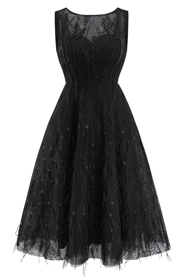 Elegant Crew Neck Sleeveless Beaded Feather Cocktail Party Midi Dress - Black - Fashionpara
