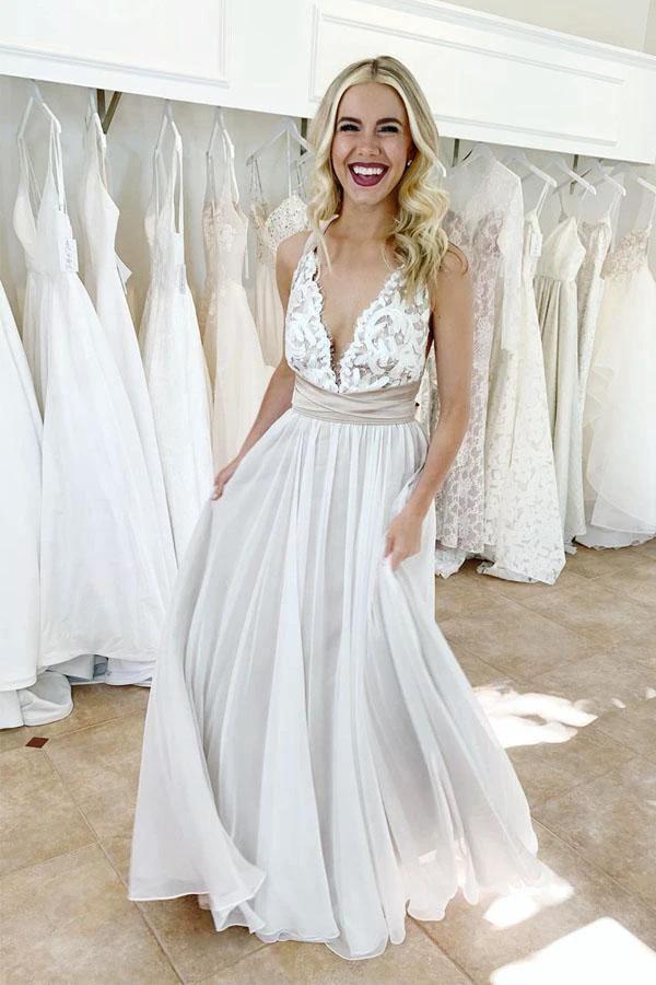 Elegant Criss Cross Deep V-Neck Wedding Dress with Waistband (ZD16010)