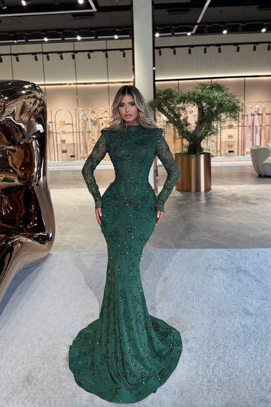 Elegant Dark Green High Collar Long Sleeves Mermaid Prom Dresses Column With Gem