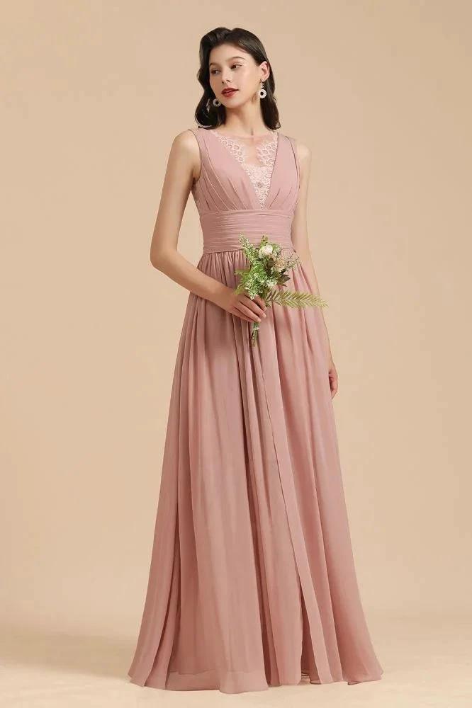 Elegant Dusty Pink Sleeveless Floral Lace Bridesmaid Dress Side Split Party Dress (ZD13095)