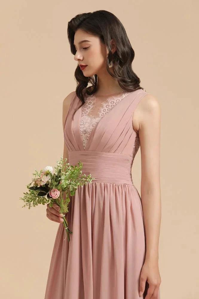 Elegant Dusty Pink Sleeveless Floral Lace Bridesmaid Dress Side Split Party Dress (ZD13095)