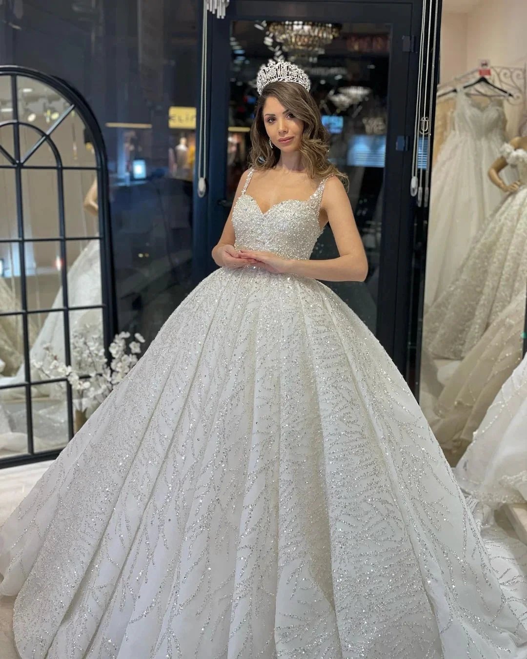 Elegant Floor Length Sweetheart Sleeveless A-Line Sequined Wedding Dress with Ruffles (ZD14800)