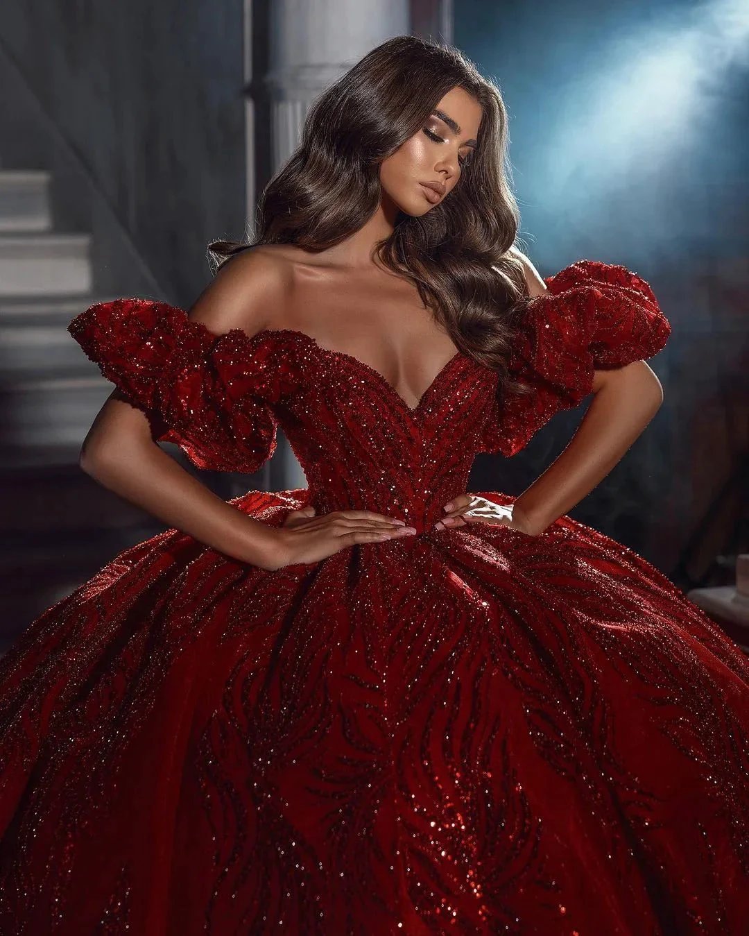 Elegant Floor Length V-Neck Sleeveless Off-The-Shoulder A-Line Sequined Wedding Dress with Ruffles (ZD14774)