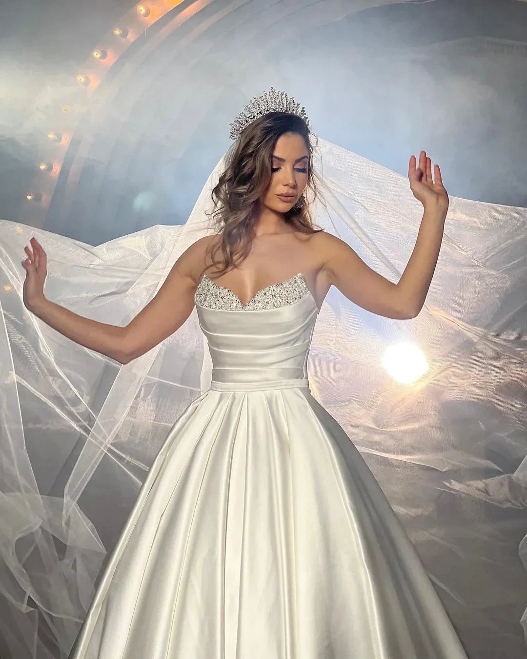 Elegant FloorLength Sleeveless A Line Satin Wedding Dress With Beads (ZD14826)