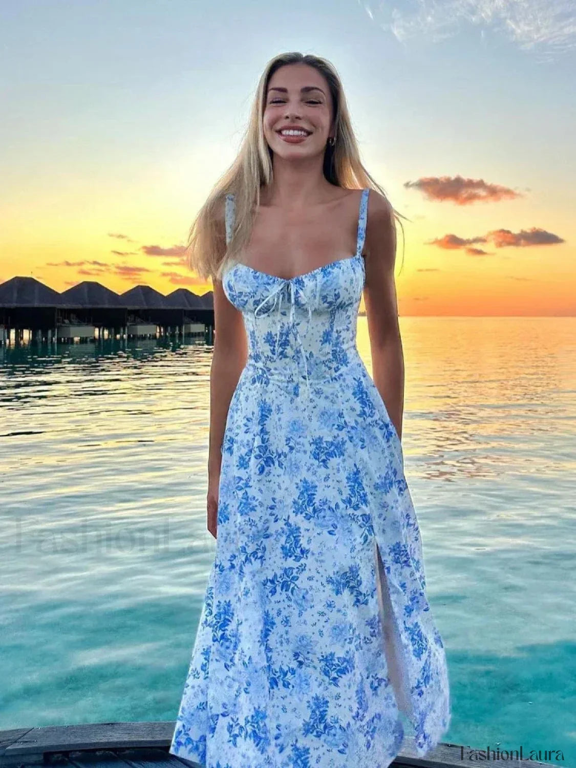 Elegant Floral Print Spaghetti Strap A-Line Floral Dress