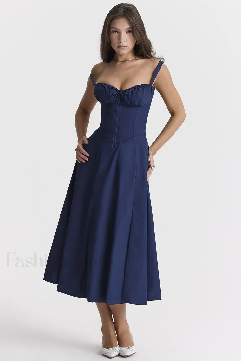 Elegant Floral Side Split Floral Dress Navy Blue / S